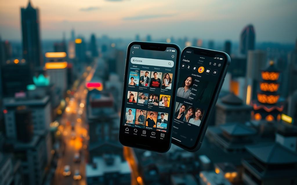 A crowded city skyline at dusk, with a smartphone prominently displayed in the foreground. The phone's screen showcases a variety of K-drama streaming apps, highlighting their accessibility and the growing popularity of Korean dramas. The background is softly lit, creating a warm and inviting atmosphere. The cityscape features a mix of modern high-rises and traditional architecture, symbolizing the integration of Korean culture into the digital landscape. The overall composition conveys the ease with which viewers can access and enjoy K-dramas on their mobile devices, reflecting the "Introducción: el auge de los K-dramas y su accesibilidad" section of the article. A crowded city skyline at dusk, with a smartphone prominently displayed in the foreground. The phone's screen showcases a variety of K-drama streaming apps, highlighting their accessibility and the growing popularity of Korean dramas. The background is softly lit, creating a warm and inviting atmosphere. The cityscape features a mix of modern high-rises and traditional architecture, symbolizing the integration of Korean culture into the digital landscape. The overall composition conveys the ease with which viewers can access and enjoy K-dramas on their mobile devices, reflecting the "Introducción: el auge de los K-dramas y su accesibilidad" section of the article.
