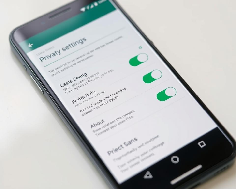 A detailed, high-resolution image of the WhatsApp privacy settings screen on a modern smartphone. The screen shows various privacy options such as "Last Seen", "Profile Photo", and "About" with switches to control their visibility. The background has a soft, blurred effect to focus attention on the settings screen. The lighting is natural and indirect, creating a calm, informative atmosphere. The camera angle is slightly elevated to provide a clear, unobstructed view of the screen. The overall composition highlights the important privacy controls parents need to configure to protect their children's WhatsApp usage.
