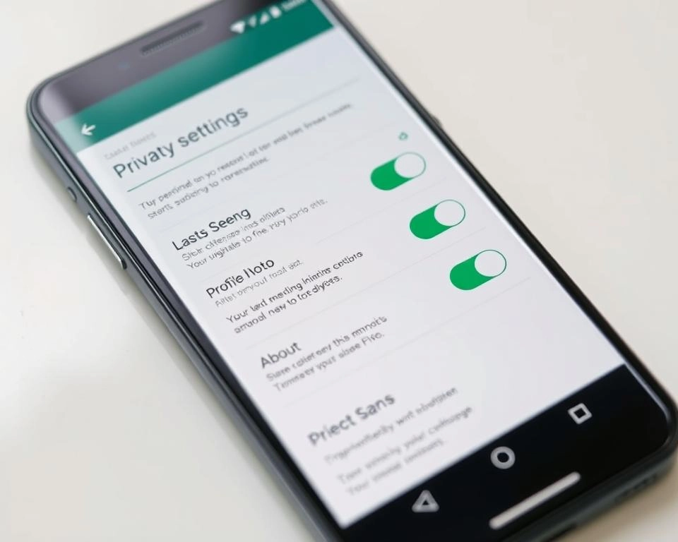 A detailed, high-resolution image of the WhatsApp privacy settings screen on a modern smartphone. The screen shows various privacy options such as "Last Seen", "Profile Photo", and "About" with switches to control their visibility. The background has a soft, blurred effect to focus attention on the settings screen. The lighting is natural and indirect, creating a calm, informative atmosphere. The camera angle is slightly elevated to provide a clear, unobstructed view of the screen. The overall composition highlights the important privacy controls parents need to configure to protect their children's WhatsApp usage. A detailed, high-resolution image of the WhatsApp privacy settings screen on a modern smartphone. The screen shows various privacy options such as "Last Seen", "Profile Photo", and "About" with switches to control their visibility. The background has a soft, blurred effect to focus attention on the settings screen. The lighting is natural and indirect, creating a calm, informative atmosphere. The camera angle is slightly elevated to provide a clear, unobstructed view of the screen. The overall composition highlights the important privacy controls parents need to configure to protect their children's WhatsApp usage.