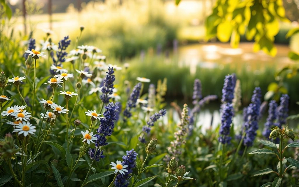 A lush, verdant garden of medicinal plants, their leaves and stems casting gentle shadows in the soft, diffused light of a warm afternoon. In the foreground, clusters of chamomile, lavender, and lemon balm sway gracefully, their delicate flowers and aromatic fragrances inviting a sense of tranquility. The middle ground features an array of calming herbs, such as passionflower, valerian, and hops, their vibrant colors and textures contrasting with the muted tones of the background. In the distance, a serene pond reflects the dappled sunlight, its calm surface mirroring the peaceful atmosphere. The overall composition evokes a sense of harmony and natural healing, perfectly suited to illustrate the soothing power of medicinal teas for anxiety.