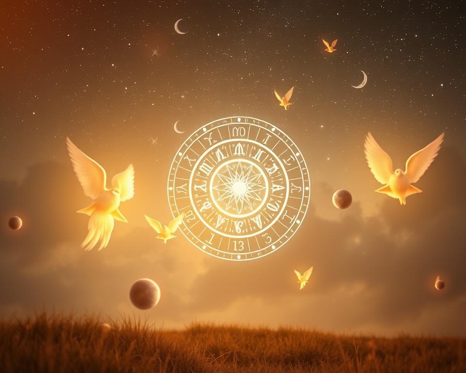 Un sereno paesaggio astrologico, in cui i simboli zodiacali fluttuano in un'atmosfera eterea e dolcemente illuminata. In primo piano, simboli celesti come stelle, pianeti e lune crescenti si librano con grazia, alludendo alle forze celesti che governano la compatibilità romantica. La parte centrale è caratterizzata da un punto focale centrale: una ruota dell'oroscopo luminosa e cristallina, i cui segmenti rappresentano i dodici segni zodiacali. Sullo sfondo, un cielo stellato e pieno di nuvole crea un senso di misticismo e meraviglia, sottolineando la natura cosmica delle connessioni interpersonali. L'illuminazione è calda e diffusa e proietta sulla scena una luce delicata e onirica. L'atmosfera generale è di incanto, come se lo spettatore stesse scrutando i meccanismi nascosti del grande disegno dell'amore e del destino dell'universo. A serene astrological landscape, where zodiac symbols float in a softly-lit, ethereal atmosphere. In the foreground, celestial symbols like stars, planets, and crescent moons hover gracefully, hinting at the celestial forces that govern romantic compatibility. The middle ground features a central focal point - a glowing, crystalline horoscope wheel, its segments representing the twelve zodiac signs. In the background, a starry, cloud-filled sky creates a sense of mysticism and wonder, emphasizing the cosmic nature of interpersonal connections. The lighting is warm and diffused, casting a gentle, dreamlike glow over the scene. The overall mood is one of enchantment, as if the viewer is peering into the hidden workings of the universe's grand design of love and fate.
