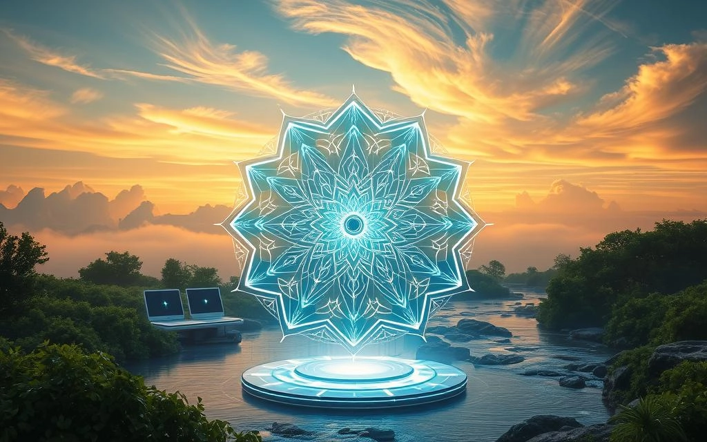 A serene, glowing technological landscape where digital and spiritual elements coexist in harmony. In the foreground, a luminous, crystalline structure resembling a futuristic prayer wheel or mandala, its intricate patterns pulsing with an ethereal energy. The middle ground features sleek, minimalist devices and interfaces, seamlessly integrated with natural elements like flowing water and verdant foliage. In the background, a vast, expansive sky with wispy, ethereal clouds, bathed in a warm, golden light that infuses the entire scene with a sense of tranquility and transcendence. The overall impression is one of technology serving as a conduit for spiritual contemplation and connection.