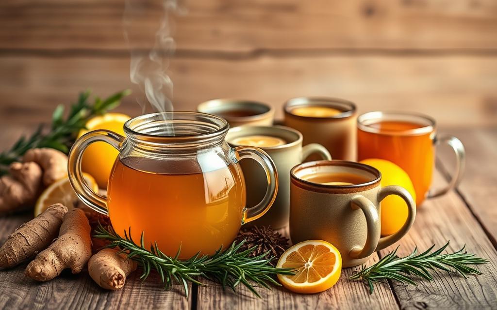 A vibrant arrangement of herbal infusions, expertly crafted to boost energy and vitality. In the foreground, a glass teapot filled with a steaming golden liquid, surrounded by a selection of fresh botanicals - ginger, turmeric, lemon slices, and sprigs of rosemary. The middle ground features an array of ceramic mugs, each holding a different hue of infusion, from earthy rooibos to bright citrus. The background showcases a rustic wooden table, with a clean, minimalist backdrop, allowing the vibrant colors and textures of the infusions to take center stage. Soft, warm lighting casts a cozy glow, enhancing the inviting atmosphere. The overall scene conveys a sense of wellness, energy, and the natural goodness of these restorative herbal blends. A vibrant arrangement of herbal infusions, expertly crafted to boost energy and vitality. In the foreground, a glass teapot filled with a steaming golden liquid, surrounded by a selection of fresh botanicals - ginger, turmeric, lemon slices, and sprigs of rosemary. The middle ground features an array of ceramic mugs, each holding a different hue of infusion, from earthy rooibos to bright citrus. The background showcases a rustic wooden table, with a clean, minimalist backdrop, allowing the vibrant colors and textures of the infusions to take center stage. Soft, warm lighting casts a cozy glow, enhancing the inviting atmosphere. The overall scene conveys a sense of wellness, energy, and the natural goodness of these restorative herbal blends.