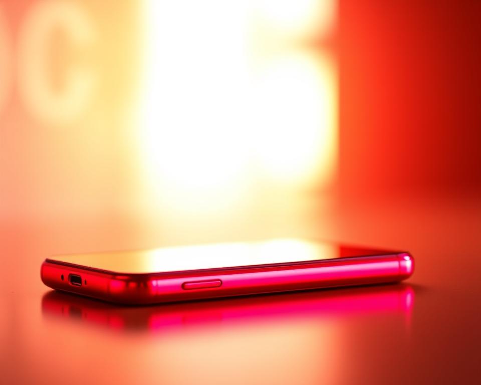 Un dispositivo mobile 5G moderno e vivace, con un'elegante finitura rossa metallizzata. Il dispositivo è posizionato in primo piano, catturando l'attenzione con il suo colore vivace e la sua superficie lucida. Lo sfondo è sfocato, mettendo in risalto la posizione prominente del telefono. L'illuminazione diffusa e calda crea un chiarore soffuso, evidenziando le curve e i dettagli del dispositivo. La composizione è equilibrata, con il cellulare che occupa una parte significativa dell'inquadratura, trasmettendo un senso di tecnologia e progresso. Il tono generale è di raffinatezza e innovazione, perfetto per illustrare l'introduzione della tecnologia 5G e delle sue potenzialità. A vibrant, modern 5G mobile device with a sleek, red metallic finish. The device is positioned in the foreground, capturing the attention with its striking color and gleaming surface. The background is blurred, emphasizing the phone's prominent placement. Diffused, warm lighting casts a soft glow, highlighting the device's curves and details. The composition is balanced, with the mobile taking up a significant portion of the frame, conveying a sense of technology and progress. The overall tone is one of sophistication and innovation, perfectly suited to illustrate the introduction of 5G technology and its capabilities.