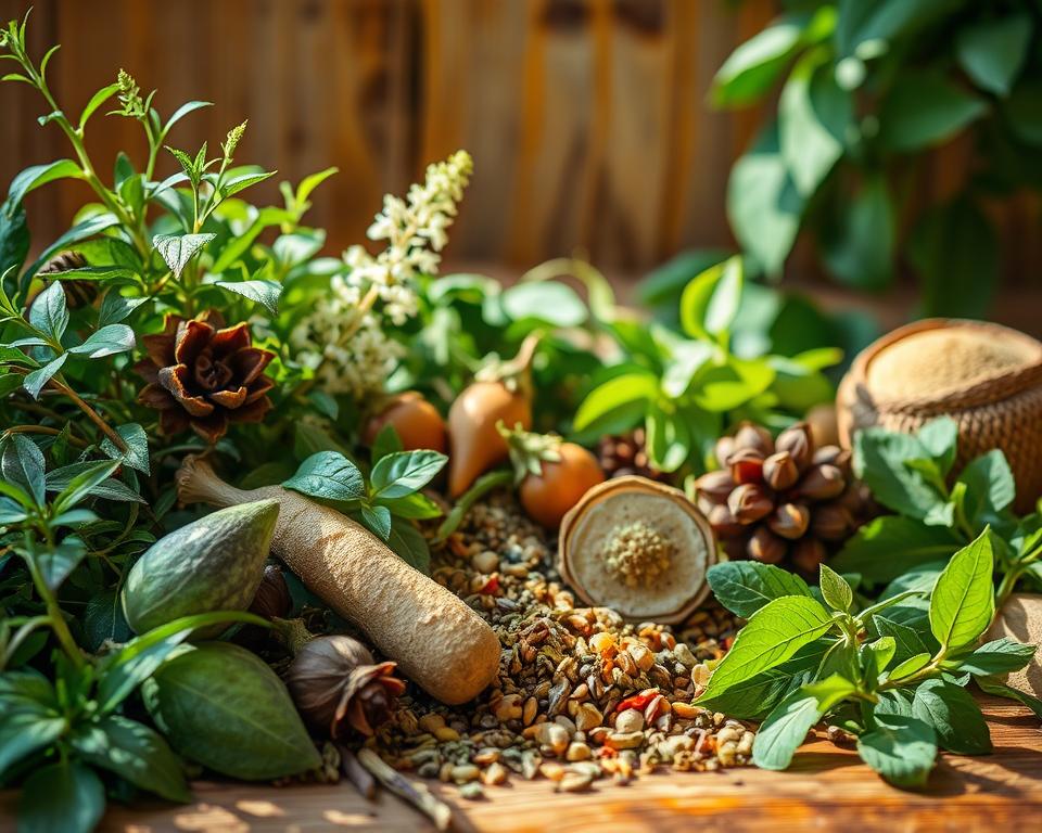 Verdant herbs and aromatic botanicals arranged in a rustic still life, bathed in warm, natural lighting. A vibrant tapestry of earthy greens, rich ochres, and soothing blues, creating a serene and rejuvenating atmosphere. The composition features a variety of herbs known for their energizing and wellness-enhancing properties, such as yerba mate, guayusa, and maca, delicately positioned on a wooden surface. The scene evokes a sense of balance, vitality, and connection to the natural world, reflecting the benefits of the revitalizing tea blend. Verdant herbs and aromatic botanicals arranged in a rustic still life, bathed in warm, natural lighting. A vibrant tapestry of earthy greens, rich ochres, and soothing blues, creating a serene and rejuvenating atmosphere. The composition features a variety of herbs known for their energizing and wellness-enhancing properties, such as yerba mate, guayusa, and maca, delicately positioned on a wooden surface. The scene evokes a sense of balance, vitality, and connection to the natural world, reflecting the benefits of the revitalizing tea blend.