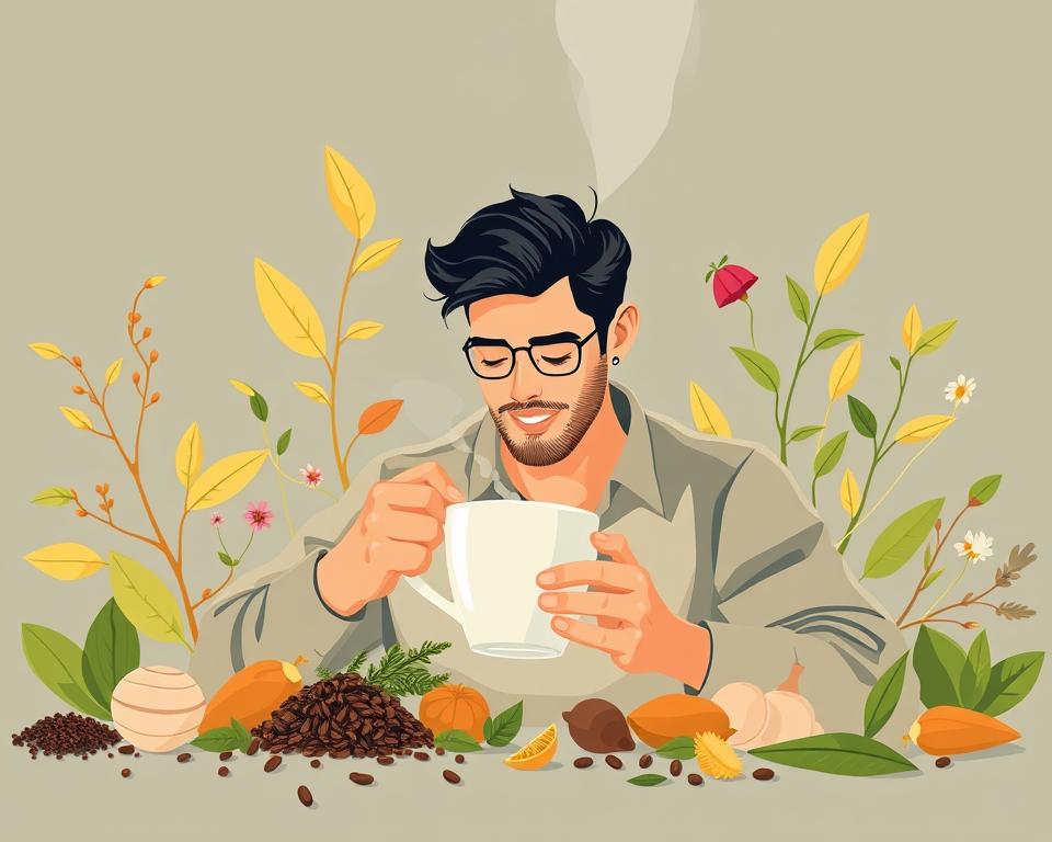 Un'illustrazione luminosa e vivace che illustra i benefici del tè per la salute degli uomini, con al centro la scena di un uomo che sorseggia una tazza di tè caldo, circondato da una varietà di foglie di tè, erbe e altri ingredienti naturali noti per le loro proprietà energizzanti e ricostituenti. L'immagine dovrebbe avere un'estetica pulita e moderna, con una tavolozza di colori caldi e terrosi, un'illuminazione tenue che dia una luce delicata e un senso di equilibrio e armonia. L'umore generale dovrebbe trasmettere una sensazione di vitalità, benessere e il potere naturale del tè nel supportare il benessere maschile. a bright and vibrant illustration depicting the health benefits of tea for men, featuring a central scene of a man enjoying a hot cup of tea, surrounded by a variety of tea leaves, herbs, and other natural ingredients known for their energizing and restorative properties. The image should have a clean, modern aesthetic with a warm, earthy color palette, subtle lighting that casts a gentle glow, and a sense of balance and harmony. The overall mood should convey a feeling of vitality, wellness, and the natural power of tea to support masculine well-being.