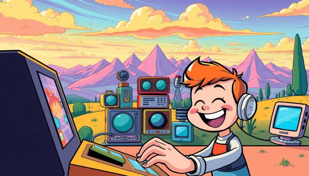 A colorful, whimsical illustration of cartoon technology in action. In the foreground, an animated character manipulates a digital interface, their expressive cartoon face filled with delight. The middle ground features a cluster of retro-futuristic devices and gadgets, their forms reminiscent of classic science fiction. The background showcases a vibrant, fantastical landscape, with stylized clouds, mountains, and a surreal, almost dreamlike sky. The overall scene conveys a sense of playful, imaginative technology, capturing the essence of how cartoon-inspired apps can transform everyday photos into enchanting, cartoon-like images.