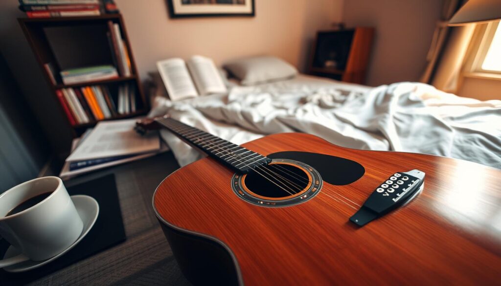 A cozy bedroom with warm lighting, a wooden acoustic guitar resting on a desk, surrounded by a few neatly organized music books and a cup of coffee. The guitar's intricate grain and polished fretboard are visible, inviting the viewer to imagine picking it up and playing. The room has a sense of tranquility and focus, as if it's the perfect setting for a daily guitar practice routine. The angle is slightly elevated, capturing the scene from an eye-level perspective, creating an intimate and immersive experience. A cozy bedroom with warm lighting, a wooden acoustic guitar resting on a desk, surrounded by a few neatly organized music books and a cup of coffee. The guitar's intricate grain and polished fretboard are visible, inviting the viewer to imagine picking it up and playing. The room has a sense of tranquility and focus, as if it's the perfect setting for a daily guitar practice routine. The angle is slightly elevated, capturing the scene from an eye-level perspective, creating an intimate and immersive experience.