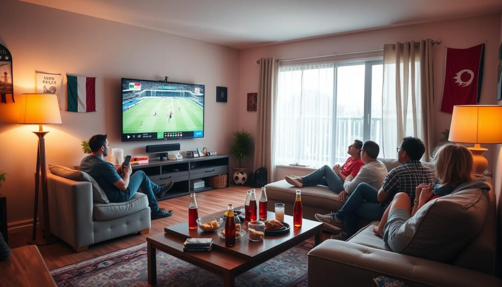 A cozy living room with a large flatscreen TV mounted on the wall, displaying a live soccer match being watched by a group of friends seated on a comfortable sectional sofa. Warm lighting from floor lamps and a large window provides a welcoming ambiance. In the foreground, a coffee table is adorned with snacks and beverages, hinting at the leisurely atmosphere. The room is decorated with soccer-themed memorabilia, flags, and posters, creating an immersive experience for the viewers. The scene conveys the joy and camaraderie of watching an international soccer match from the comfort of a foreign home. A cozy living room with a large flatscreen TV mounted on the wall, displaying a live soccer match being watched by a group of friends seated on a comfortable sectional sofa. Warm lighting from floor lamps and a large window provides a welcoming ambiance. In the foreground, a coffee table is adorned with snacks and beverages, hinting at the leisurely atmosphere. The room is decorated with soccer-themed memorabilia, flags, and posters, creating an immersive experience for the viewers. The scene conveys the joy and camaraderie of watching an international soccer match from the comfort of a foreign home.