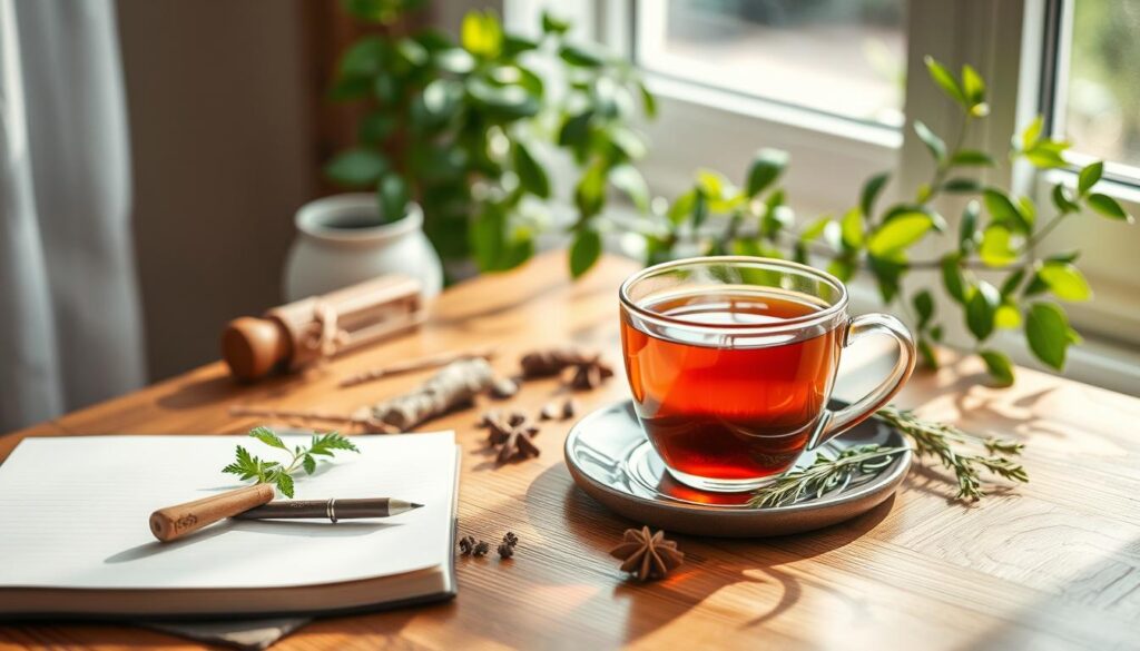 A cozy morning scene of a warm cup of tea on a wooden table, surrounded by fresh herbs, spices, and a notebook. The tea steams gently, its aroma filling the air. Soft, natural lighting filters through a nearby window, casting a peaceful glow on the scene. The overall mood is one of mindfulness, focus, and daily renewal. In the background, a lush, verdant plant adds a touch of vitality, symbolizing the rejuvenating power of this daily ritual. The composition is balanced and harmonious, inviting the viewer to pause and savor the moment. A cozy morning scene of a warm cup of tea on a wooden table, surrounded by fresh herbs, spices, and a notebook. The tea steams gently, its aroma filling the air. Soft, natural lighting filters through a nearby window, casting a peaceful glow on the scene. The overall mood is one of mindfulness, focus, and daily renewal. In the background, a lush, verdant plant adds a touch of vitality, symbolizing the rejuvenating power of this daily ritual. The composition is balanced and harmonious, inviting the viewer to pause and savor the moment.