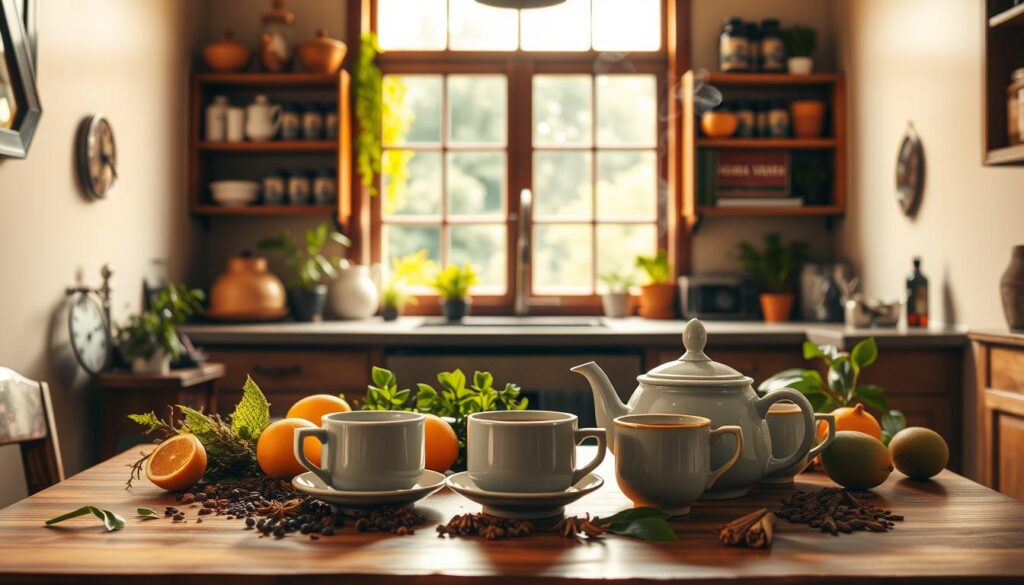 A cozy, well-lit kitchen scene with a warm, inviting atmosphere. In the foreground, a traditional ceramic teapot and matching cups are placed on a wooden table, steam gently rising from the spout. Surrounding the tea setup are various aromatic herbs, spices, and citrus fruits, hinting at the invigorating blend within. The middle ground features a window overlooking a lush, verdant garden, allowing natural light to filter in and cast a soft, golden glow throughout the space. In the background, shelves display an array of premium teas and herbal remedies, suggesting the care and attention given to the preparation of this masculine vitality-enhancing tea.
