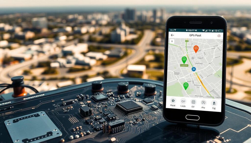 A detailed GPS tracking system with a smartphone interface. In the foreground, a modern mobile device displays a GPS map with a moving dot representing a tracked location. The middle ground features a complex circuit board and microchips, conveying the technical aspects of the tracking system. In the background, a cityscape or landscape with buildings and roads, suggesting the real-world environment being monitored. The lighting is crisp and clean, with a slight warm tone to create a professional, high-tech atmosphere. The camera angle is slightly elevated, providing an overview of the integrated components and emphasizing the comprehensive nature of the GPS tracking solution. A detailed GPS tracking system with a smartphone interface. In the foreground, a modern mobile device displays a GPS map with a moving dot representing a tracked location. The middle ground features a complex circuit board and microchips, conveying the technical aspects of the tracking system. In the background, a cityscape or landscape with buildings and roads, suggesting the real-world environment being monitored. The lighting is crisp and clean, with a slight warm tone to create a professional, high-tech atmosphere. The camera angle is slightly elevated, providing an overview of the integrated components and emphasizing the comprehensive nature of the GPS tracking solution.