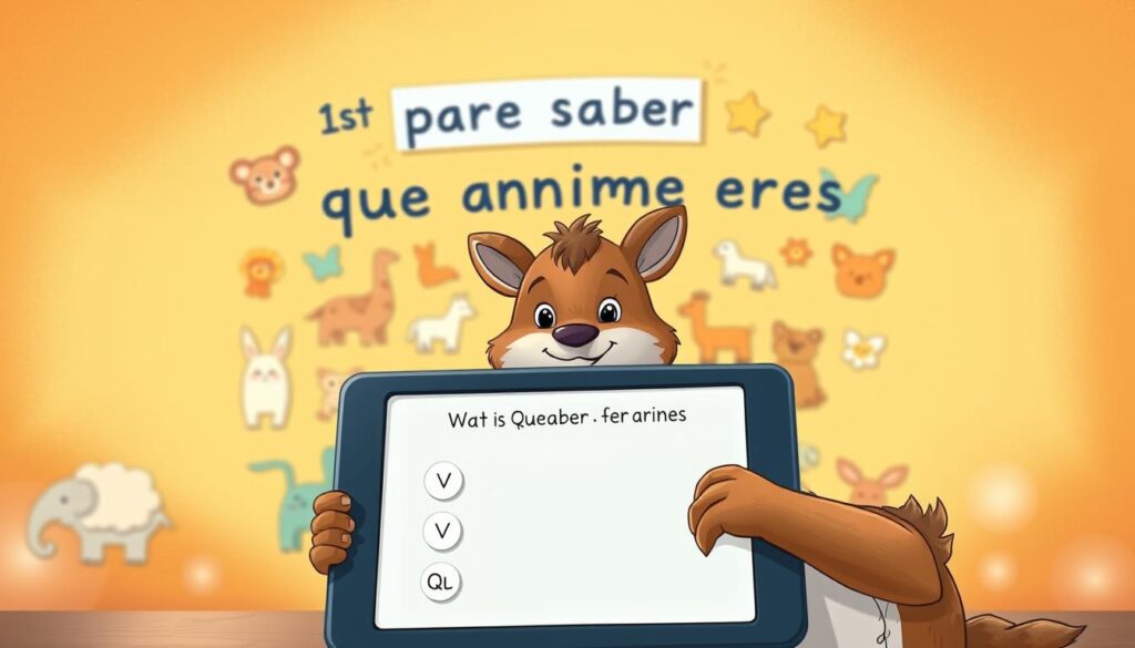 A detailed and whimsical illustration of a "Test para saber qué animal eres" concept. In the foreground, a playful character, perhaps an anthropomorphized animal, is poised to take a digital quiz on a tablet device. The character's expression conveys a sense of curiosity and anticipation. In the middle ground, a collection of animal icons, symbols, and shapes are arranged in a visually engaging manner, hinting at the nature of the test. The background features a warm, vibrant color palette, creating a lively and inviting atmosphere. The overall composition should be well-balanced, with a focus on the central character and the interactive test elements. Lighting should be soft and diffused, lending a friendly and approachable feel to the scene. A detailed and whimsical illustration of a "Test para saber qué animal eres" concept. In the foreground, a playful character, perhaps an anthropomorphized animal, is poised to take a digital quiz on a tablet device. The character's expression conveys a sense of curiosity and anticipation. In the middle ground, a collection of animal icons, symbols, and shapes are arranged in a visually engaging manner, hinting at the nature of the test. The background features a warm, vibrant color palette, creating a lively and inviting atmosphere. The overall composition should be well-balanced, with a focus on the central character and the interactive test elements. Lighting should be soft and diffused, lending a friendly and approachable feel to the scene.
