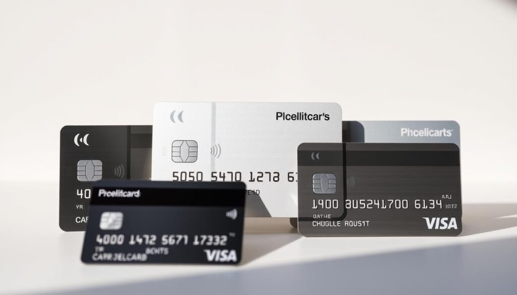 A detailed, high-resolution image of several credit cards arranged in a visually appealing composition. The cards should be shown in the foreground, with a clean, minimalist background that highlights their sleek design and branding. Use natural lighting to create a sense of depth and dimension, and capture the cards from a slightly elevated angle to give the viewer a sense of quality and prestige. The color palette should be muted and sophisticated, with a focus on metallic and reflective surfaces that convey a sense of luxury and modernity. The overall mood should be one of sophistication, simplicity, and accessibility, reflecting the availability of these credit card options through the app.