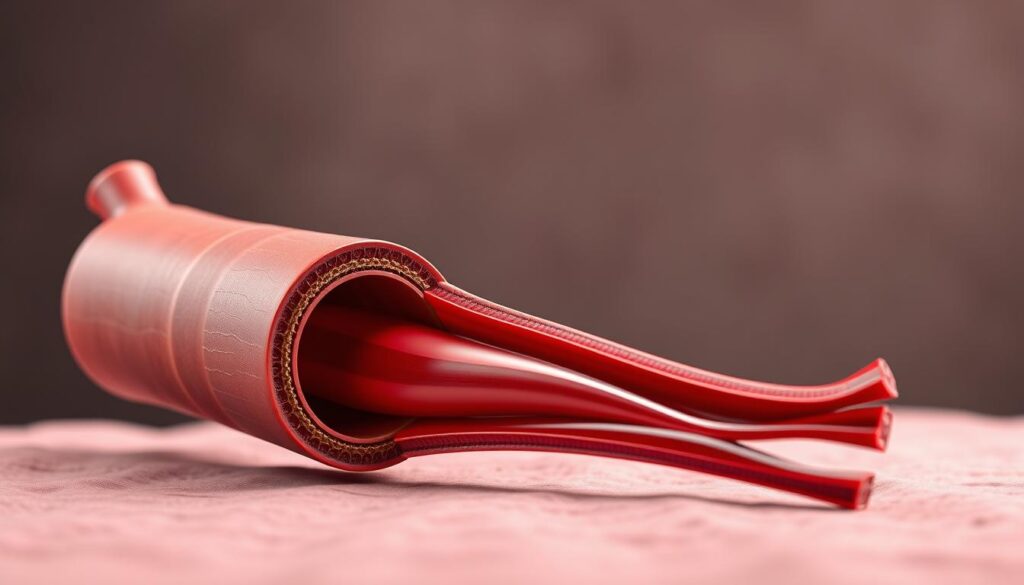 A detailed, realistic illustration of a human artery cross-section, showcasing the various components that regulate blood pressure. The foreground features the artery wall layers, including the tunica intima, media, and adventitia, rendered in precise anatomical detail. The middle ground depicts the flow of blood through the lumen, with subtle variations in hue and opacity to convey the pressure dynamics. The background subtly suggests the surrounding tissue environment, with muted colors and soft, diffused lighting to emphasize the focal point. The overall mood is one of scientific precision and clinical examination, suitable for a medical illustration. A detailed, realistic illustration of a human artery cross-section, showcasing the various components that regulate blood pressure. The foreground features the artery wall layers, including the tunica intima, media, and adventitia, rendered in precise anatomical detail. The middle ground depicts the flow of blood through the lumen, with subtle variations in hue and opacity to convey the pressure dynamics. The background subtly suggests the surrounding tissue environment, with muted colors and soft, diffused lighting to emphasize the focal point. The overall mood is one of scientific precision and clinical examination, suitable for a medical illustration.