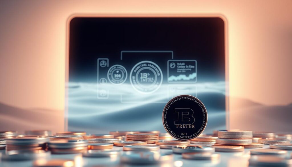 Un paesaggio numismatico digitale dall'estetica elegante e moderna. In primo piano, una collezione di monete e gettoni virtuali, le cui superfici brillano di una lucentezza metallica. In secondo piano, un display olografico mostra dettagli e dati intricati su ogni pezzo. Lo sfondo è una distesa minimalista, sfumata, che suggerisce il potenziale sconfinato del mondo digitale. Un'illuminazione soffusa e diffusa proietta un bagliore etereo, evocando un senso di meraviglia tecnologica e la perfetta integrazione tra mondo fisico e digitale. La composizione complessiva trasmette la bellezza, la precisione e il potere trasformativo della nuova frontiera della numismatica. A digital numismatic landscape, with a sleek and modern aesthetic. In the foreground, a collection of virtual coins and tokens, their surfaces gleaming with a metallic sheen. In the middle ground, a holographic display showcases intricate details and data about each piece. The background is a minimalist, gradient-filled expanse, suggesting the boundless potential of the digital realm. Soft, diffused lighting casts an ethereal glow, evoking a sense of technological wonder and the seamless integration of physical and digital worlds. The overall composition conveys the beauty, precision, and transformative power of the new frontier of numismatics.