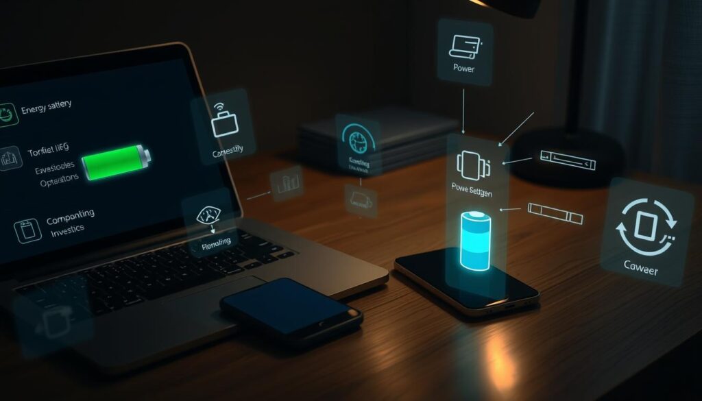 A dimly lit workspace, with a laptop and smartphone on a wooden desk. The smartphone's battery icon is prominently displayed, indicating a low power level. Surrounding the devices are various energy-saving settings and power optimization tools, represented by glowing icons and holographic projections. The lighting is soft and ambient, creating a contemplative mood. The scene conveys the idea of manually optimizing battery life without the use of external apps, focusing on built-in device settings and native power management features. A dimly lit workspace, with a laptop and smartphone on a wooden desk. The smartphone's battery icon is prominently displayed, indicating a low power level. Surrounding the devices are various energy-saving settings and power optimization tools, represented by glowing icons and holographic projections. The lighting is soft and ambient, creating a contemplative mood. The scene conveys the idea of manually optimizing battery life without the use of external apps, focusing on built-in device settings and native power management features.