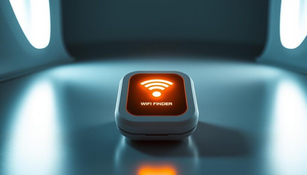 A futuristic WiFi finder device, sleek and compact, with a glowing display showing nearby network signals. The device is centered in the frame, surrounded by a minimalist, high-tech environment - clean lines, smooth surfaces, and a subtle glow that creates a sense of modernity and connectivity. The lighting is bright and directional, casting long shadows and highlighting the device's details. The composition is balanced, with the WiFi finder taking up the majority of the frame, conveying its importance and functionality. The overall mood is one of technological advancement and the ability to seamlessly connect to the digital world from anywhere. A futuristic WiFi finder device, sleek and compact, with a glowing display showing nearby network signals. The device is centered in the frame, surrounded by a minimalist, high-tech environment - clean lines, smooth surfaces, and a subtle glow that creates a sense of modernity and connectivity. The lighting is bright and directional, casting long shadows and highlighting the device's details. The composition is balanced, with the WiFi finder taking up the majority of the frame, conveying its importance and functionality. The overall mood is one of technological advancement and the ability to seamlessly connect to the digital world from anywhere.