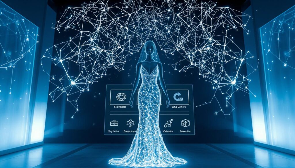 A futuristic scene of virtual bride technology. In the foreground, a sleek, holographic figure of a bride stands, her dress shimmering with intricate digital patterns. Behind her, a complex web of data streams and algorithms visualized as glowing lines and geometric shapes, representing the underlying technology powering this virtual experience. The middle ground features a minimalist, clean-lined interface, showcasing customization options for the virtual bride. In the background, a softly lit, serene environment with hints of virtual reality elements, creating an immersive and seamless experience. Lighting is cool-toned and atmospheric, with a sense of sophistication and innovation. The overall mood is one of cutting-edge technology blending with the timeless tradition of marriage.