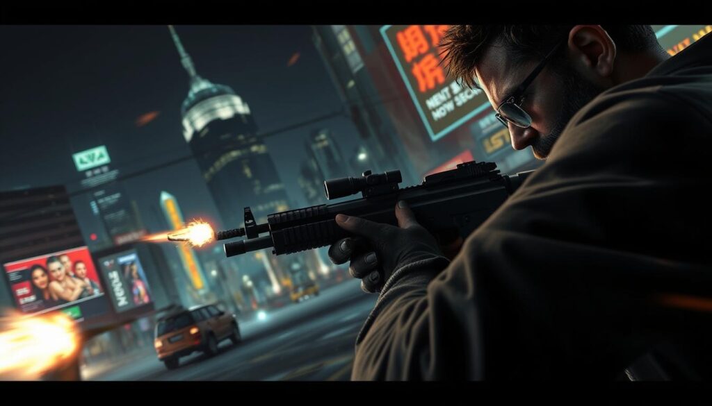 A gritty, realistic mobile game scene with the protagonist engaged in intense combat gameplay. A close-up view showcases the character wielding a variety of firearms, including pistols, assault rifles, and grenades, with detailed textures and lighting. The combat unfolds against a backdrop of a dimly lit urban environment, with skyscrapers and neon-lit billboards in the distance, creating a moody, cinematic atmosphere. The camera angle is dynamic, capturing the chaos and adrenaline of the on-screen action, with dynamic motion blur and depth of field effects. The overall tone is gritty and immersive, conveying the high-stakes, visceral nature of the gameplay.