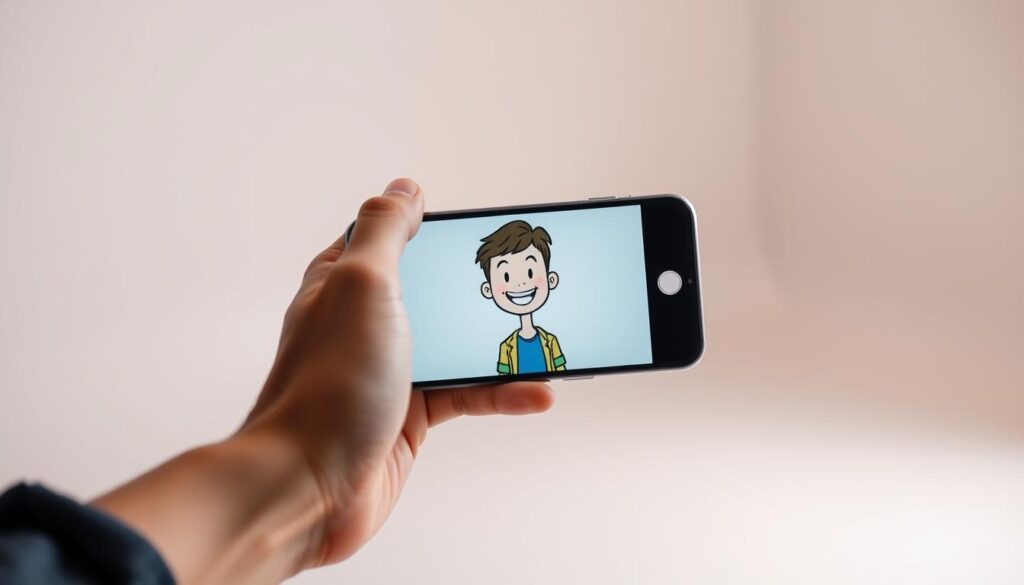 A high-quality photograph of a person's hand holding a smartphone displaying a cartoon-style image of a person. The smartphone screen is the focal point, with the hand and arm in the foreground, slightly blurred. The background is a minimalist, soft-focus studio setting with neutral tones. The cartoon-style image on the screen has a playful, hand-drawn aesthetic, with bold colors, expressive facial features, and a whimsical pose. The lighting is soft and even, creating a warm, inviting atmosphere. The overall composition emphasizes the transformation of a photograph into a cartoon-like digital artwork.