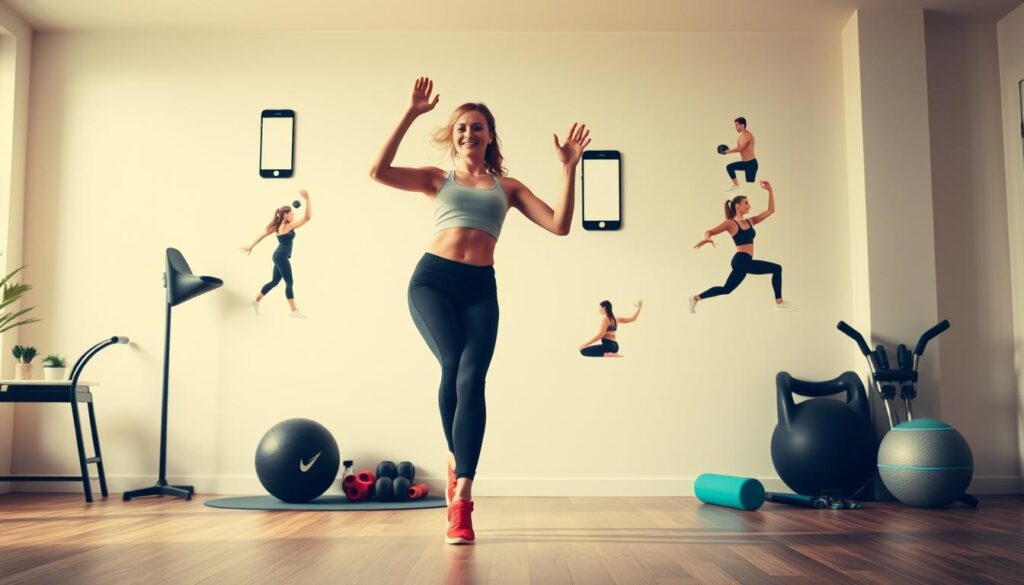 A lively, energetic scene of a home workout space, with a zumba dancer in the foreground gracefully moving to the beat, surrounded by a variety of fitness apps and equipment displayed on a minimalist, well-lit backdrop. The dancer's movements create a sense of dynamic motion, seamlessly blending the zumba routine with other exercises like yoga, pilates, and strength training, showcasing how these complementary activities can be effortlessly combined into a comprehensive home workout. The lighting is soft and warm, evoking a sense of joy and wellness, while the composition balances the various elements to create a visually appealing and inspirational image. A lively, energetic scene of a home workout space, with a zumba dancer in the foreground gracefully moving to the beat, surrounded by a variety of fitness apps and equipment displayed on a minimalist, well-lit backdrop. The dancer's movements create a sense of dynamic motion, seamlessly blending the zumba routine with other exercises like yoga, pilates, and strength training, showcasing how these complementary activities can be effortlessly combined into a comprehensive home workout. The lighting is soft and warm, evoking a sense of joy and wellness, while the composition balances the various elements to create a visually appealing and inspirational image.