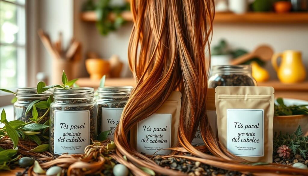A lush, artfully arranged tea display featuring an assortment of herbal tea blends in glass jars or loose leaf containers. The foreground showcases vibrant, healthy-looking hair strands intertwined with the tea leaves, creating a visually striking and thematic composition. The middle ground features the tea jars or pouches, each elegantly labeled with the text "Tés para el crecimiento del cabello" in a clean, modern font. The background features a softly blurred, natural setting, perhaps a cozy kitchen or wellness-inspired space, evoking a sense of tranquility and natural remedies. Warm, diffused lighting casts a gentle glow over the scene, highlighting the textures and colors. The overall mood is one of natural, holistic hair care solutions. A lush, artfully arranged tea display featuring an assortment of herbal tea blends in glass jars or loose leaf containers. The foreground showcases vibrant, healthy-looking hair strands intertwined with the tea leaves, creating a visually striking and thematic composition. The middle ground features the tea jars or pouches, each elegantly labeled with the text "Tés para el crecimiento del cabello" in a clean, modern font. The background features a softly blurred, natural setting, perhaps a cozy kitchen or wellness-inspired space, evoking a sense of tranquility and natural remedies. Warm, diffused lighting casts a gentle glow over the scene, highlighting the textures and colors. The overall mood is one of natural, holistic hair care solutions.
