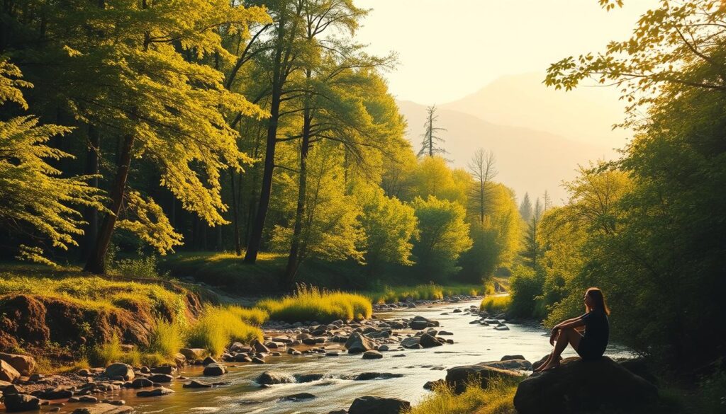 A lush, verdant forest bathed in warm, golden sunlight, with a meandering stream flowing through the scene. In the foreground, a person sits peacefully on a rock, gazing at the water and taking in the calming sounds of nature. The middle ground features towering trees with vibrant green foliage, while the background showcases a hazy, distant mountain range. The overall atmosphere is one of serenity, tranquility, and a profound connection to the natural world, conveying the benefits of nature for mental health and well-being. A lush, verdant forest bathed in warm, golden sunlight, with a meandering stream flowing through the scene. In the foreground, a person sits peacefully on a rock, gazing at the water and taking in the calming sounds of nature. The middle ground features towering trees with vibrant green foliage, while the background showcases a hazy, distant mountain range. The overall atmosphere is one of serenity, tranquility, and a profound connection to the natural world, conveying the benefits of nature for mental health and well-being.