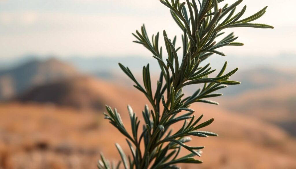A lush, verdant sprig of fragrant rosemary (Rosmarinus officinalis) against a warm, earthy backdrop. The rosemary leaves glisten with a hint of morning dew, their deep green hues accentuated by soft, diffused lighting. The composition features the rosemary in the foreground, its delicate stems and needle-like foliage framing the center of the image. In the middle ground, a blurred, serene landscape of rolling hills and distant mountains creates a peaceful, calming atmosphere. The overall mood is one of natural tranquility, inviting the viewer to pause and appreciate the restorative properties of this versatile herb. A lush, verdant sprig of fragrant rosemary (Rosmarinus officinalis) against a warm, earthy backdrop. The rosemary leaves glisten with a hint of morning dew, their deep green hues accentuated by soft, diffused lighting. The composition features the rosemary in the foreground, its delicate stems and needle-like foliage framing the center of the image. In the middle ground, a blurred, serene landscape of rolling hills and distant mountains creates a peaceful, calming atmosphere. The overall mood is one of natural tranquility, inviting the viewer to pause and appreciate the restorative properties of this versatile herb.
