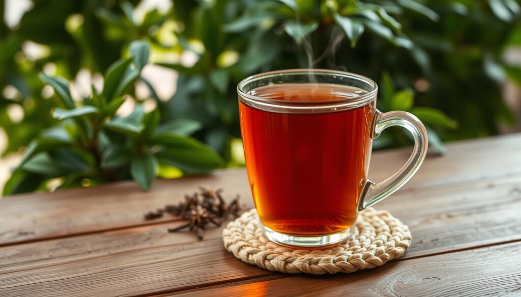 A meticulously brewed cup of "té de vitalidad" stands centered on a rustic wooden table, steam gently rising. The tea's rich amber hue is highlighted by the warm, soft lighting that bathes the scene. In the background, lush green foliage frames the cozy, inviting atmosphere. The cup is positioned atop a hand-woven natural fiber coaster, adding an organic, earthy touch. The overall composition conveys a sense of wellness, tranquility and vitality, perfectly aligning with the article's theme of preparing a restorative herbal tea. The lighting is natural and diffused, creating a gentle, soothing ambiance that complements the tea's therapeutic properties. A meticulously brewed cup of "té de vitalidad" stands centered on a rustic wooden table, steam gently rising. The tea's rich amber hue is highlighted by the warm, soft lighting that bathes the scene. In the background, lush green foliage frames the cozy, inviting atmosphere. The cup is positioned atop a hand-woven natural fiber coaster, adding an organic, earthy touch. The overall composition conveys a sense of wellness, tranquility and vitality, perfectly aligning with the article's theme of preparing a restorative herbal tea. The lighting is natural and diffused, creating a gentle, soothing ambiance that complements the tea's therapeutic properties.