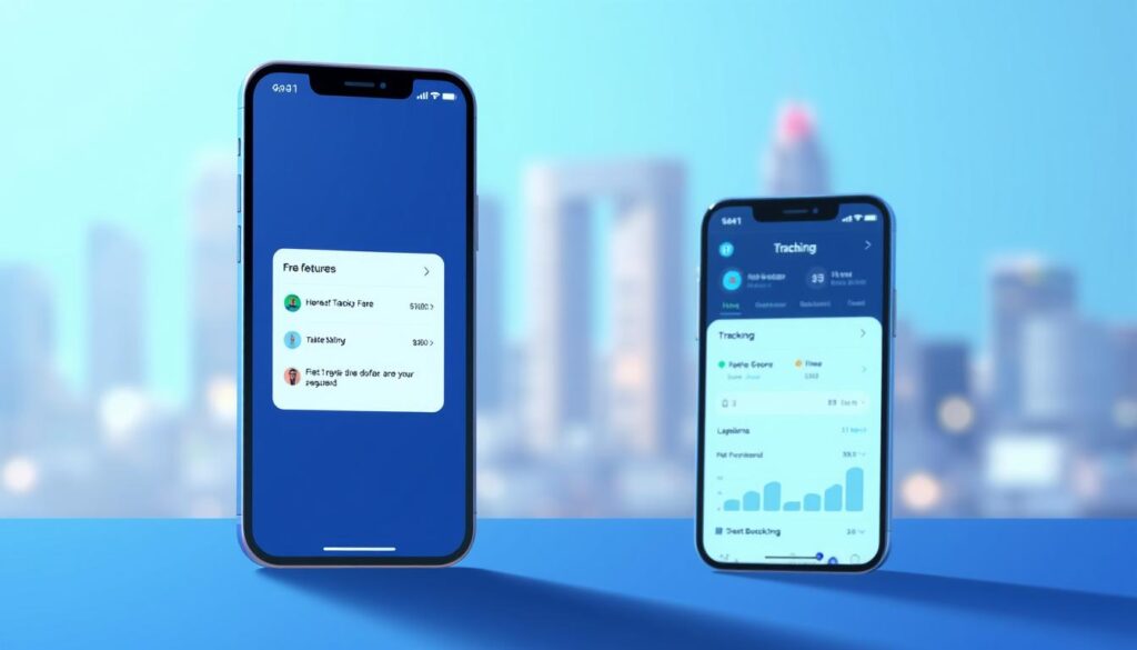 A minimalist, digital illustration depicting the limitations of free app tracking versus premium versions. In the foreground, a smartphone screen shows a basic tracking interface with limited features. In the middle ground, a second smartphone displays a more advanced tracking dashboard with additional functionality. The background fades into a blurred, technological landscape, emphasizing the contrast between the two tiers of tracking capabilities. The lighting is clean, with a soft, blue-hued glow emanating from the screens. The overall atmosphere conveys the tradeoffs between free and paid tracking app options. A minimalist, digital illustration depicting the limitations of free app tracking versus premium versions. In the foreground, a smartphone screen shows a basic tracking interface with limited features. In the middle ground, a second smartphone displays a more advanced tracking dashboard with additional functionality. The background fades into a blurred, technological landscape, emphasizing the contrast between the two tiers of tracking capabilities. The lighting is clean, with a soft, blue-hued glow emanating from the screens. The overall atmosphere conveys the tradeoffs between free and paid tracking app options.