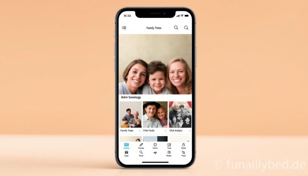 A modern, clean-looking mobile app interface showcasing the key features of a genealogy discovery app. The foreground displays a sleek, minimalist dashboard with intuitive icons and user-friendly controls for navigating through family trees, historical records, and DNA analysis tools. The middle ground features large, crisp photographs of smiling families and historical portraits, conveying a sense of personal connection and discovery. The background subtly fades into a soft, warm-toned gradient, creating a calming and inviting atmosphere. The overall composition is well-balanced, with a focus on simplicity, functionality, and the joy of uncovering one's family heritage.