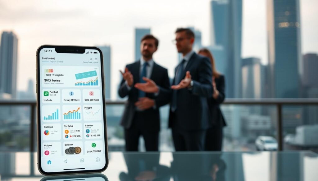A modern financial services platform showcasing a variety of investment options. In the foreground, a sleek mobile device displays a clean and intuitive user interface, highlighting various investment services. The middle ground features a team of financial advisors in a professional setting, gesturing towards analytical charts and data visualizations. The background depicts a cityscape with towering skyscrapers, symbolizing the complex global financial landscape. The lighting is soft and warm, creating a sense of trust and reliability. The overall mood is one of sophistication, innovation, and a commitment to empowering investors to make informed decisions.