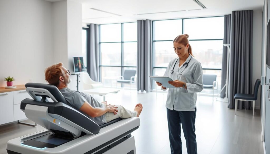 A modern physiotherapy clinic with sleek, minimalist design. In the foreground, a patient undergoes a high-tech treatment on a state-of-the-art medical device, surrounded by clean white walls and modern furniture. In the middle ground, a physiotherapist closely monitors the patient's progress on a tablet, utilizing advanced software and digital tools. The background features large windows flooding the space with natural light, creating a calming, therapeutic atmosphere. The overall scene conveys the seamless integration of cutting-edge technology and personalized, evidence-based care that defines contemporary physiotherapy. A modern physiotherapy clinic with sleek, minimalist design. In the foreground, a patient undergoes a high-tech treatment on a state-of-the-art medical device, surrounded by clean white walls and modern furniture. In the middle ground, a physiotherapist closely monitors the patient's progress on a tablet, utilizing advanced software and digital tools. The background features large windows flooding the space with natural light, creating a calming, therapeutic atmosphere. The overall scene conveys the seamless integration of cutting-edge technology and personalized, evidence-based care that defines contemporary physiotherapy.