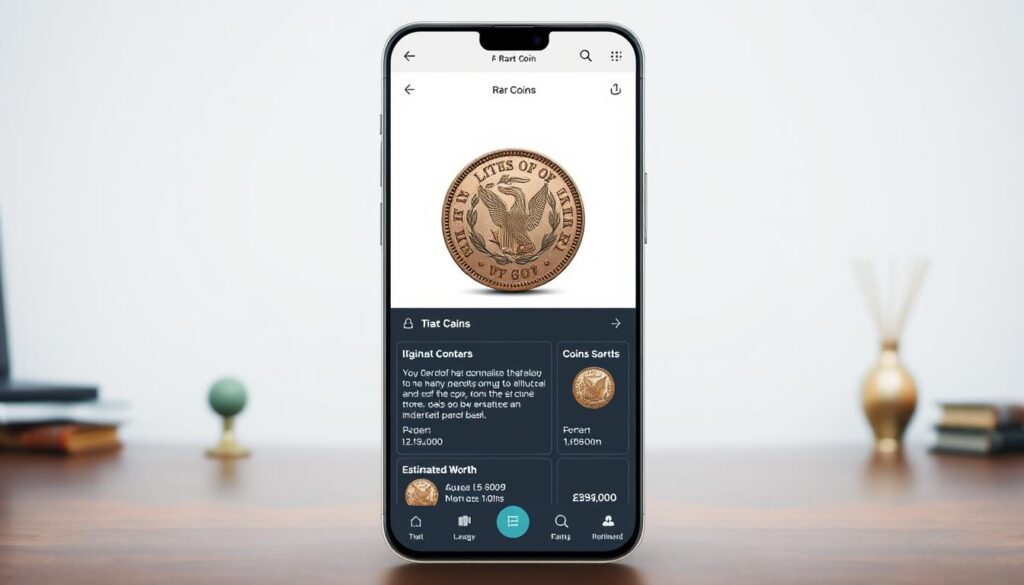 Un'interfaccia moderna ed elegante per un'app mobile che mostra un'immagine ben illuminata e ad alta risoluzione di una moneta antica su uno sfondo bianco minimalista. L'app offre controlli e opzioni intuitivi per identificare, catalogare e valutare monete rare. In primo piano, una moneta ruota lentamente, consentendo all'utente di esaminarne i dettagli intricati. Nella parte centrale sono presenti vari pannelli informativi con il contesto storico, le specifiche della moneta e il valore stimato. Lo sfondo allude sottilmente a un ambiente sereno e professionale, forse un ufficio o uno studio, creando un senso di autorevolezza e competenza attorno alle funzionalità dell'app. A modern, sleek mobile app interface displaying a well-lit, high-resolution image of an antique coin against a minimalist white background. The app features intuitive controls and options for identifying, cataloging, and valuing rare coins. In the foreground, a coin spins slowly, allowing the user to examine its intricate details. The middle ground showcases various information panels with historical context, coin specifications, and estimated worth. The background subtly hints at a serene, professional environment, perhaps an office or study, creating a sense of authority and expertise around the app's functionality.