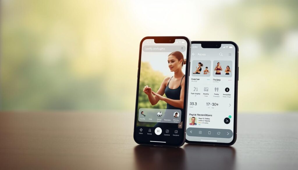 A modern, visually-striking fisioterapia app interface showcased on a smartphone screen, with a clean, minimalist design and intuitive user controls. The foreground depicts the app's main screen, displaying an array of exercise options, progress tracking, and personalized recommendations. The middle ground features a healthy, active individual interacting with the app, while the background offers a serene, nature-inspired setting, conveying a sense of holistic wellness and relaxation. Soft, diffused lighting and a warm color palette create a calming, inviting atmosphere, highlighting the app's user-friendly experience and its potential to enhance one's physical rehabilitation journey. A modern, visually-striking fisioterapia app interface showcased on a smartphone screen, with a clean, minimalist design and intuitive user controls. The foreground depicts the app's main screen, displaying an array of exercise options, progress tracking, and personalized recommendations. The middle ground features a healthy, active individual interacting with the app, while the background offers a serene, nature-inspired setting, conveying a sense of holistic wellness and relaxation. Soft, diffused lighting and a warm color palette create a calming, inviting atmosphere, highlighting the app's user-friendly experience and its potential to enhance one's physical rehabilitation journey.
