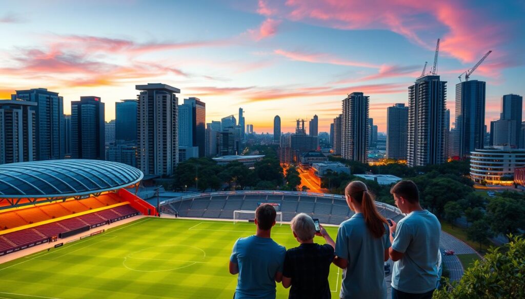 A panoramic view of a modern city skyline at dusk, with a soccer stadium prominently featured in the foreground. The stadium's facade is illuminated by warm, golden lighting, casting a cozy glow over the scene. In the middle ground, a group of people are gathered around a mobile device, intently watching a soccer match. The background features a blend of high-rise buildings, lush greenery, and a vibrant, colorful sky transitioning from day to night. The overall atmosphere is one of excitement, community, and the joy of experiencing soccer freely and conveniently through a smartphone app. A panoramic view of a modern city skyline at dusk, with a soccer stadium prominently featured in the foreground. The stadium's facade is illuminated by warm, golden lighting, casting a cozy glow over the scene. In the middle ground, a group of people are gathered around a mobile device, intently watching a soccer match. The background features a blend of high-rise buildings, lush greenery, and a vibrant, colorful sky transitioning from day to night. The overall atmosphere is one of excitement, community, and the joy of experiencing soccer freely and conveniently through a smartphone app.
