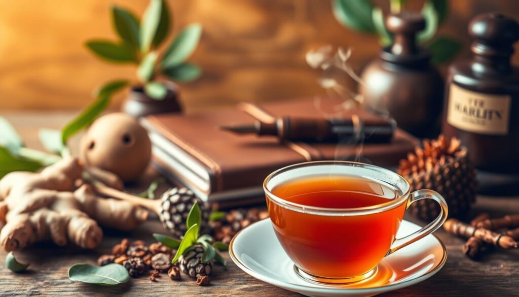A serene and vibrant composition showcasing the benefits of "Beneficios del té vitalidad masculina". In the foreground, a delicate porcelain teacup filled with a fragrant, amber-hued tea, steam gently rising. Surrounded by a variety of fresh herbs and botanicals, including ginger, lemongrass, and ashwagandha, symbolizing the natural ingredients that contribute to the tea's potent properties. The middle ground features a tasteful arrangement of masculine wellness items, such as a leather-bound journal, a classic fountain pen, and a wooden meditation block, all set against a warm, earthy backdrop. Soft, natural lighting illuminates the scene, creating a calming and contemplative atmosphere that invites the viewer to pause and appreciate the holistic benefits of this nourishing tea.