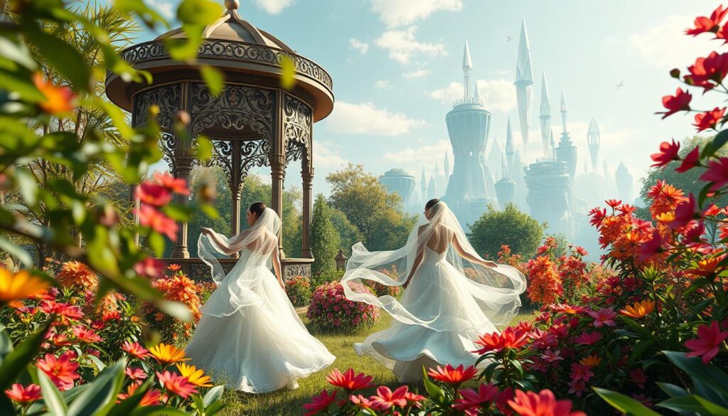A serene digital garden with lush, colorful flora. In the foreground, three virtual brides gracefully dance, their flowing dresses and veils seeming to move with a life of their own. The middle ground features a majestic, ornate gazebo with intricate architectural details, partially obscured by the swaying plants. In the background, a whimsical, dreamlike landscape unfolds, with floating islands, towering crystal formations, and a soft, ethereal light suffusing the scene. The overall mood is one of enchantment, wonder, and the seamless blending of the digital and the natural. Cinematic wide-angle lens, dramatic lighting, and a touch of surreal, fantastical elements.