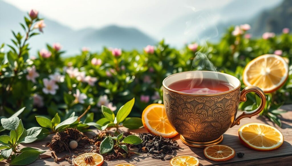 A serene tea garden with lush green tea plants and delicate pink blossoms against a backdrop of misty blue mountains. In the foreground, an ornate ceramic teacup filled with fragrant steaming tea, surrounded by fresh tea leaves, dried herbs, and sliced citrus fruits. Soft natural lighting illuminates the scene, creating a warm, calming atmosphere. The composition emphasizes the beauty and health benefits of tea, inviting the viewer to savor the moment and appreciate the natural wonders of this ancient beverage.