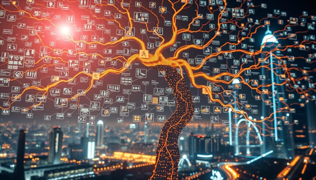 A sprawling digital family tree, its branches intertwined with intricate data visualizations. In the foreground, a luminous display showcases family connections, spanning generations. The middle ground features a myriad of icons, symbols, and interactive interfaces, inviting the viewer to uncover their ancestral lineage. In the background, a shimmering, futuristic cityscape provides a technological backdrop, hinting at the power of modern tools to unlock the secrets of one's past. Soft, warm lighting illuminates the scene, creating a sense of discovery and wonder. Subtle lens flares and depth of field accentuate the digital, immersive nature of this genealogical exploration.