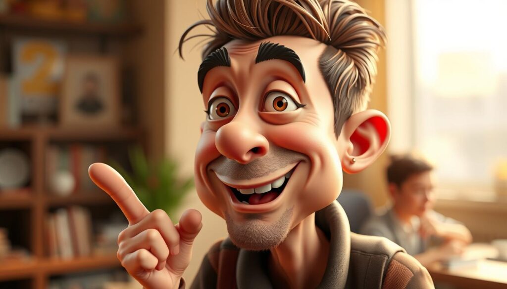 A vibrant 3D caricature portrait, with a warm and playful atmosphere. The subject has exaggerated features, a whimsical expression, and a dynamic pose. Rendered in a highly detailed, yet stylized manner, with a focus on textures, shadows, and depth. The lighting is soft and directional, creating depth and drama. The background is blurred, allowing the caricature to stand out prominently. The overall tone is lighthearted and imaginative, perfectly suited to illustrate the section on specialized 3D caricature apps.