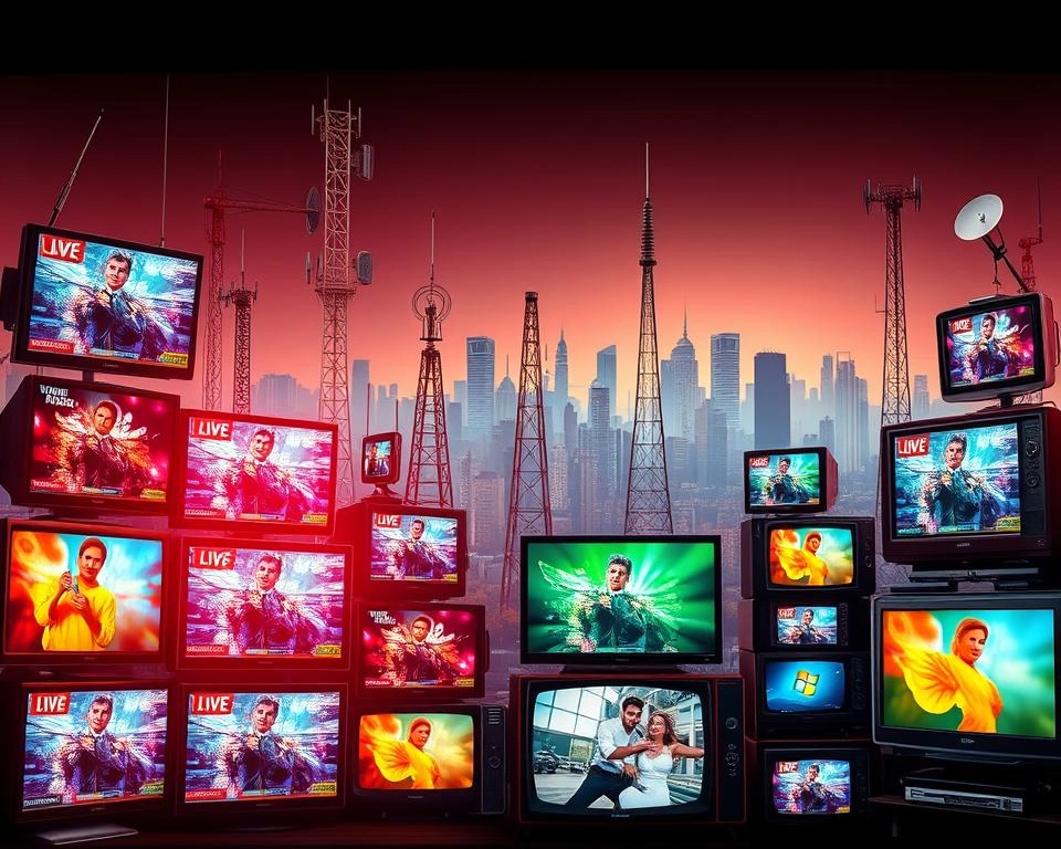 A vibrant and dynamic scene depicting a variety of television and radio channels. In the foreground, a collection of colorful, high-definition television screens showcasing diverse programming, from news broadcasts to entertainment shows, all rendered with a cinematic quality. In the middle ground, various radio tower antennas and satellite dishes stand tall, symbolizing the breadth of media transmission. The background features a cityscape with skyscrapers and urban architecture, conveying a sense of a thriving media landscape. The lighting is warm and inviting, creating a welcoming and engaging atmosphere that draws the viewer's attention to the central elements. The composition is balanced and visually striking, highlighting the variety and vibrancy of the "canales de televisión y radio" within a modern, technologically-advanced setting.