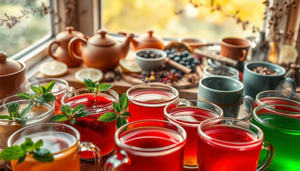 A vibrant and energizing still life scene depicting an assortment of aromatic herbal infusions. In the foreground, an array of steaming mugs filled with vibrant, jewel-toned liquids in shades of amber, crimson, and emerald green. Sprigs of fresh mint, slices of lemon, and cinnamon sticks add pops of color and natural textures. In the middle ground, an elegantly arranged composition of terracotta teapots, ceramic cups, and wooden boards laden with dried flowers, berries, and spices. The background features a softly-lit, natural setting, perhaps a sun-dappled windowsill or rustic wooden table, creating a warm, inviting atmosphere. Warm, diffused lighting casts a gentle glow, highlighting the alluring colors and aromas of these restorative herbal infusions. A vibrant and energizing still life scene depicting an assortment of aromatic herbal infusions. In the foreground, an array of steaming mugs filled with vibrant, jewel-toned liquids in shades of amber, crimson, and emerald green. Sprigs of fresh mint, slices of lemon, and cinnamon sticks add pops of color and natural textures. In the middle ground, an elegantly arranged composition of terracotta teapots, ceramic cups, and wooden boards laden with dried flowers, berries, and spices. The background features a softly-lit, natural setting, perhaps a sun-dappled windowsill or rustic wooden table, creating a warm, inviting atmosphere. Warm, diffused lighting casts a gentle glow, highlighting the alluring colors and aromas of these restorative herbal infusions.