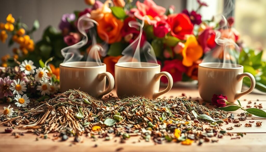 A vibrant and energizing still life scene of various tea leaves, flowers, and steaming mugs of tea, captured in a warm, natural lighting. The foreground showcases an assortment of aromatic tea leaves, perhaps chamomile, green tea, and yerba mate, scattered elegantly across a wooden surface. In the middle ground, several ceramic mugs filled with steaming hot tea emit wispy tendrils of steam, inviting the viewer to experience the soothing and revitalizing aroma. The background features a soft, out-of-focus arrangement of colorful tea flowers, such as hibiscus and rosehips, adding a touch of natural beauty to the scene. The overall composition conveys a sense of vitality, balance, and the health benefits associated with energizing teas.