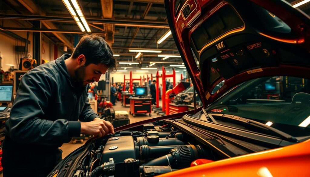 A vibrant and immersive scene of a modern automotive workshop, bathed in warm, diffused lighting that illuminates the intricate details of various tools and equipment. In the foreground, a skilled mechanic, their face partially obscured, leans intently over an open car engine, their hands deftly manipulating the components. In the middle ground, a mix of vintage and cutting-edge tools, organized with precision, while the background showcases a panoramic view of the workshop, filled with diagnostic computers, lifts, and the silhouettes of other mechanics at work. The overall atmosphere conveys a sense of expertise, innovation, and the digital revolution transforming the world of automotive mechanics. A vibrant and immersive scene of a modern automotive workshop, bathed in warm, diffused lighting that illuminates the intricate details of various tools and equipment. In the foreground, a skilled mechanic, their face partially obscured, leans intently over an open car engine, their hands deftly manipulating the components. In the middle ground, a mix of vintage and cutting-edge tools, organized with precision, while the background showcases a panoramic view of the workshop, filled with diagnostic computers, lifts, and the silhouettes of other mechanics at work. The overall atmosphere conveys a sense of expertise, innovation, and the digital revolution transforming the world of automotive mechanics.