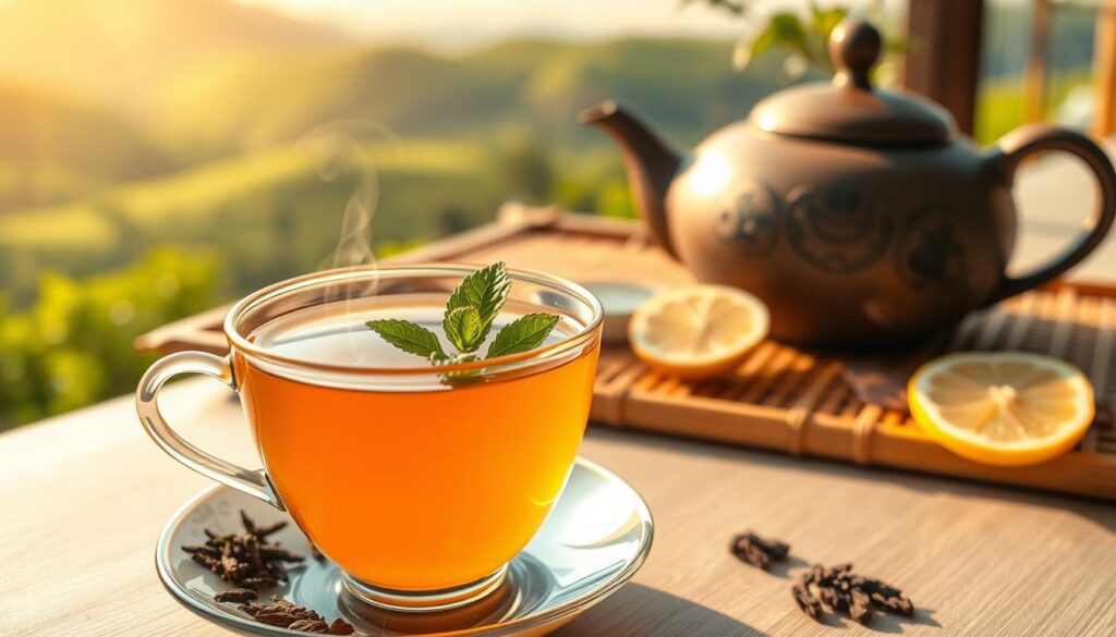 A vibrant and serene scene of a healthy tea serving, captured in a soft, natural light. In the foreground, a delicate porcelain teacup filled with a steaming golden-amber liquid, surrounded by freshly harvested tea leaves, a sprig of mint, and a slice of lemon. The middle ground features a traditional Japanese-style teapot and a bamboo tray, hinting at the ancient origins and cultural significance of this timeless beverage. In the background, a tranquil landscape of rolling hills, lush greenery, and a clear sky, creating a calming and rejuvenating atmosphere, reflecting the holistic wellness properties of this ancient elixir.