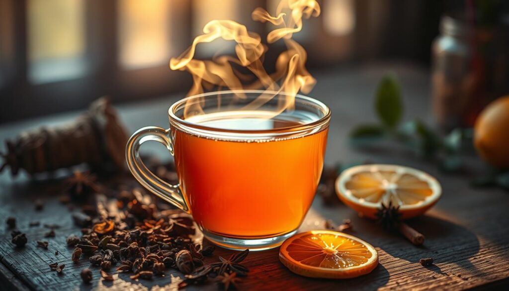 A vibrant, close-up view of a steaming hot cup of "té de vitalidad" (vitality tea) on a rustic wooden table. The tea is a rich, golden-amber color with wisps of fragrant steam rising from the surface. Surrounding the cup are scattered dried herbs, spices, and citrus slices - the key ingredients of this nourishing elixir. The lighting is warm and natural, casting a cozy, inviting glow on the scene. The composition is balanced, with the cup prominently featured in the foreground, and a blurred, atmospheric background hinting at a peaceful, tranquil setting. This image evokes a sense of wellness, inviting the viewer to pause, savor the moment, and experience the revitalizing power of this specialty tea.