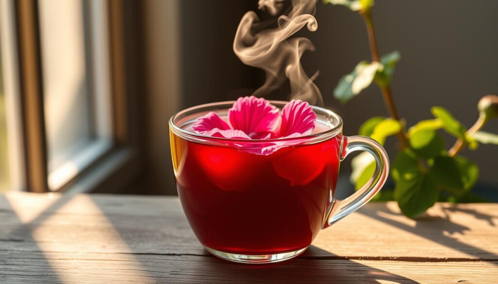 A vibrant, detailed image of a steaming cup of hibiscus tea, set against a soft, natural background. The tea glows with a deep ruby hue, steam curling delicately upwards. Crisp, vibrant hibiscus petals float atop the surface, their fuchsia hues lending a lush, herbal aroma. The cup is placed on a weathered wooden table, natural sunlight filtering through a window, casting warm, golden shadows. The overall atmosphere is one of tranquility and wellness, inviting the viewer to savor the restorative benefits of this secret elixir of nature. A vibrant, detailed image of a steaming cup of hibiscus tea, set against a soft, natural background. The tea glows with a deep ruby hue, steam curling delicately upwards. Crisp, vibrant hibiscus petals float atop the surface, their fuchsia hues lending a lush, herbal aroma. The cup is placed on a weathered wooden table, natural sunlight filtering through a window, casting warm, golden shadows. The overall atmosphere is one of tranquility and wellness, inviting the viewer to savor the restorative benefits of this secret elixir of nature.