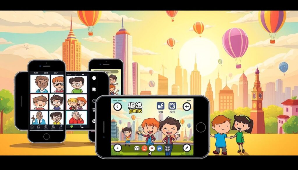 A vibrant, digital cartoon scene showcasing a variety of creative mobile applications for transforming photographs into animated illustrations. In the foreground, multiple smartphone screens display various cartoon-style filters, effects, and tools. The middle ground features stylized cartoon characters interacting with the apps, demonstrating the transformation process. The background depicts a whimsical, colorful cityscape with towering skyscrapers, floating balloons, and a vibrant, sunlit sky. The overall atmosphere is playful, imaginative, and captures the excitement and creativity of using these innovative photo-to-cartoon conversion apps.